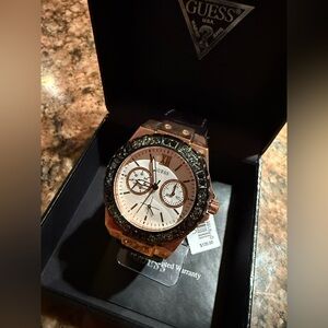 NWT: GUESS Black & Rose Gold Women’s Watch